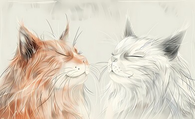 Whimsical illustration features portrait of cute two long hair cat retro vintage  wall art, home decor, digital art print, wallpaper, background 