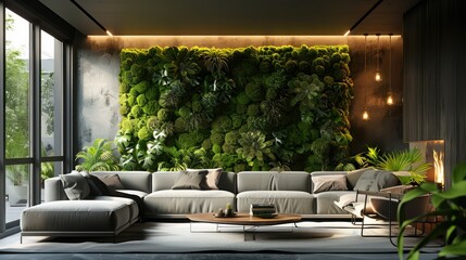 Wall Mural - Modern living room, moss wall decoration on the wall, soft lighting. Generative AI.