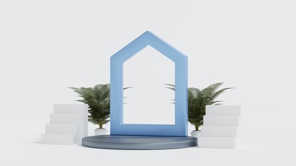 Round podium with house shape and stair decoration, real estate product  exhibition show, 3D rendering.