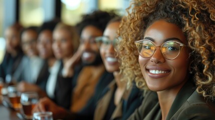 Aufkleber - Group of men and women, smiling, happy, in a meeting room. Generative AI.