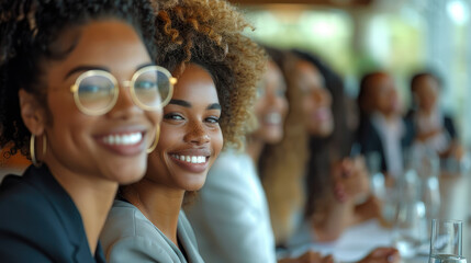 Aufkleber - Group of men and women, smiling, happy, in a meeting room. Generative AI.