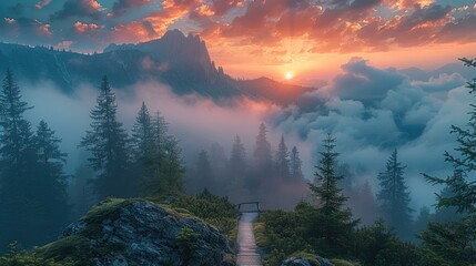 Poster - Mountains, clouds and mist halfway up the mountain, forest, sunrise. Generative AI.