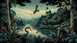 Vintage wallpaper of forest landscape with lake, plants, trees, birds. Generative AI