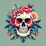 Fototapeta Sypialnia - A skull with flowers and leaves surrounding it. The skull is painted in a bright and colorful way, giving it a whimsical and playful feel. The flowers and leaves add a touch of nature