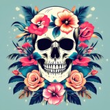 Fototapeta Sypialnia - A skull with flowers and leaves surrounding it. The skull is surrounded by pink and purple flowers and green leaves. Scene is whimsical and playful