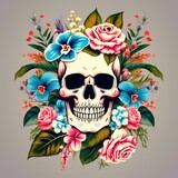 Fototapeta Sypialnia - A skull is surrounded by flowers and leaves, giving it a whimsical and playful appearance. The bright colors of the flowers and leaves contrast with the dark, ominous look of the skull