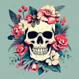 Fototapeta Sypialnia - A skull with flowers and leaves surrounding it. Scene is cheerful and lighthearted