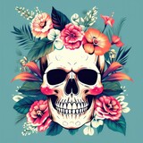 Fototapeta Sypialnia - A skull with flowers and leaves surrounding it. Scene is whimsical and playful