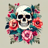 Fototapeta Sypialnia - A skull is surrounded by flowers and leaves, giving the impression of a peaceful and serene scene