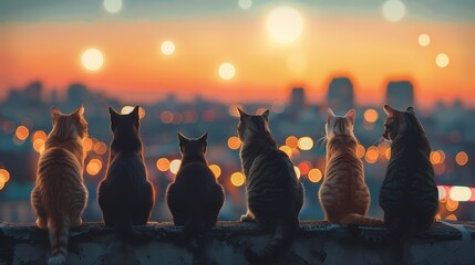 Wall Mural - A  group of  Cute fluffy kitten cats watching sunset photograph, HD background, wallpaper, banner