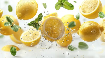 Wall Mural - Fresh flying lemons and mint leaves isolated on white background. Generative AI.