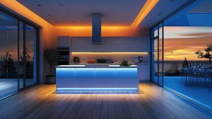 Poster - LED strip lighting in an L-shaped kitchen design. Generative AI.