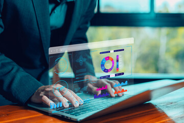 Poster - analyst manages the system database, research on platform digital technology, and reports. concept of analysis data plans shows a dashboard chart on the computer, analytics business