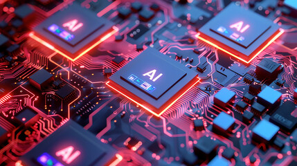 Fototapete - A computer motherboard with a state-of-the-art AI processor. AI generative.