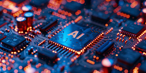 Fototapete - A computer motherboard with a state-of-the-art AI processor. AI generative.