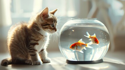 Realistic cute little kitten cat staring at the gold fish tank photography background, wallpaper