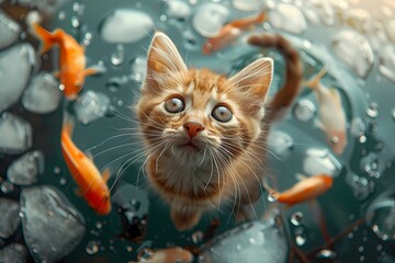 Realistic cute little kitten cat staring at the gold fish tank photography background, wallpaper