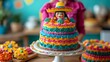 A vibrant fiesta-themed birthday cake adorned with colorful papel picado, maracas, and fondant sombreros, bringing the party to life