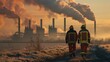 Two firefighters in reflective gear approaching an industrial plant emitting heavy smoke at dawn.