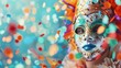 An elaborate Venetian mask surrounded by vibrant confetti suggesting a carnival or celebration.