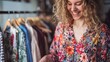 Joyful woman browsing through a colorful selection of floral patterned clothing in her wardrobe.