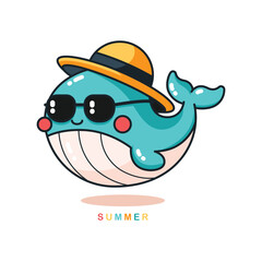 Wall Mural - cute whale vector illustration, donning a straw hat, in flat art style. perfectly isolated on white,