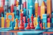 A colorful cityscape with a group of chess pieces on a board
