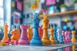 A colorful chess set with a blue king and pink and yellow pieces