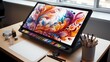 A high-performance graphics tablet with digital artwork displayed, set against a clean, white canvas