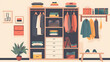 A cartoon illustration of a wardrobe overflowing with clothes on a white background.