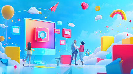 Poster - digital marketing illustrations People standing in front of a large computer screen