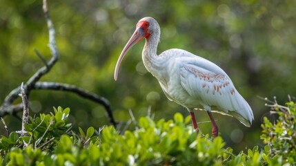 Poster - A white bird perched on a tree with a red beak