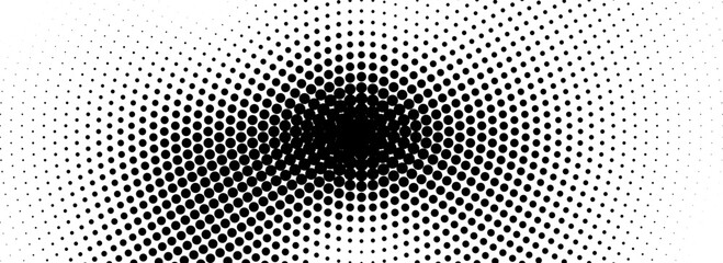 Aufkleber - Radial halftone grunge fading texture. Vanishing dotted circle line background. Black pop art gradient backdrop. Retro old comic cartoon noise for poster, overlay, cover, print. Vector grain wallpaper