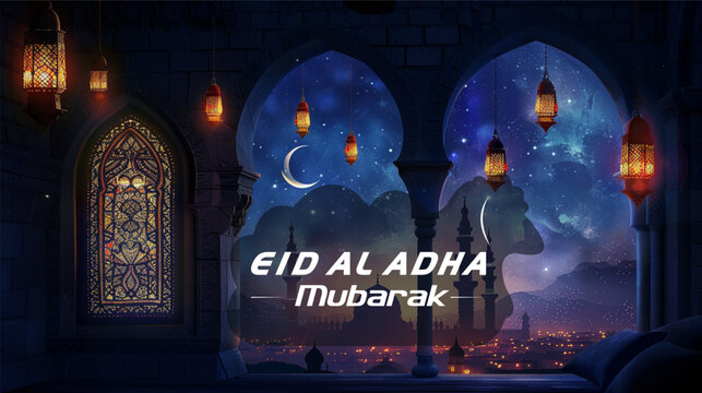 Vector Eid Al Adha mubarak greeting card with moon, lantern and stars
