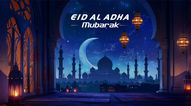 Vector Eid Al Adha mubarak greeting card with moon, lantern and stars