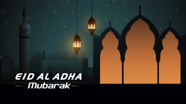 Vector Eid Al Adha mubarak greeting card with moon, lantern and stars