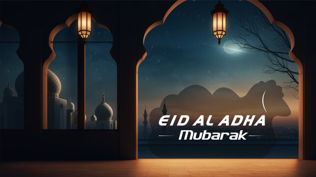 Vector Eid Al Adha mubarak greeting card with moon, lantern and stars