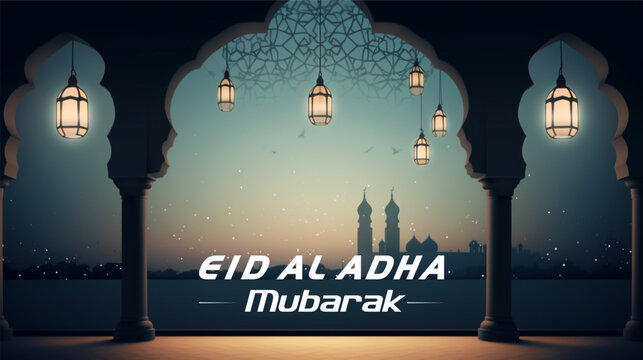 Vector Eid Al Adha mubarak greeting card with moon, lantern and stars