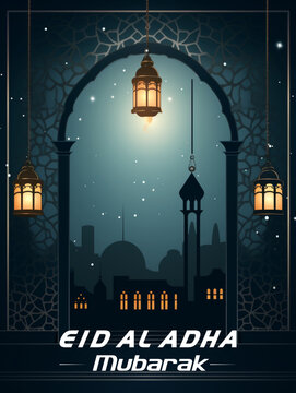 Vector Eid Al Adha mubarak greeting card with moon, lantern and stars