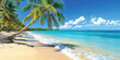 A beautiful beach with palm trees and a clear blue ocean. Scene is peaceful and relaxing