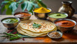 food shot, close up, delicious, dosa, bowls of different spices and chutneys on table