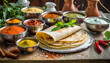 food shot, close up, delicious, dosa, bowls of different spices and chutneys on table