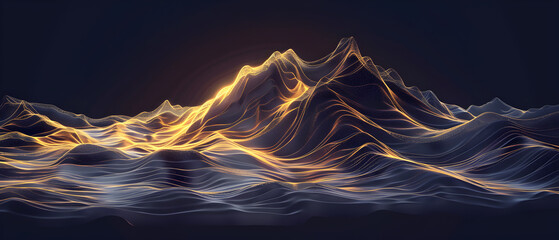 Wall Mural - A mountain range is shown in a blue and gold color scheme. The mountains are shown in a way that makes them look like they are moving through the water