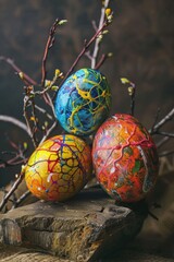 Poster - Three colorful Easter eggs on a rock. Perfect for Easter holiday designs