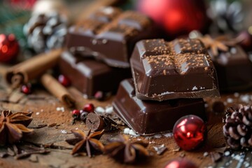 Poster - A close up of a piece of chocolate on a table. Perfect for food and dessert concepts