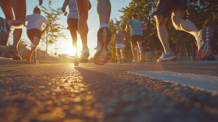 Poster - A group of people running down a street. Suitable for sports or teamwork concepts