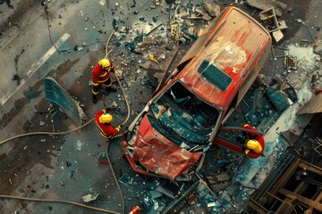 Poster - A car sitting on top of a pile of rubble. Suitable for disaster or post-apocalyptic themed projects