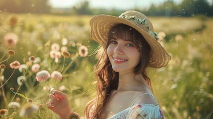 Poster - Woman in straw hat standing in vibrant flower field, perfect for nature and summer-themed designs