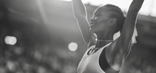 Poster - A black and white photo of a woman holding a tennis racquet. Suitable for sports and fitness concepts