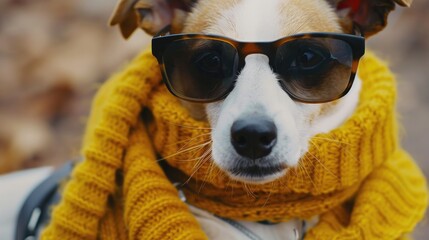 Poster - A cute dog wearing sunglasses and a stylish yellow scarf. Perfect for pet fashion blogs or social media posts